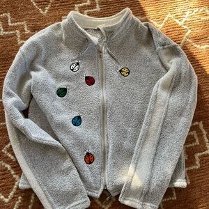 Light Gray Zip-Up Fleece Jacket with Colorful Ladybug Embroidered Accents